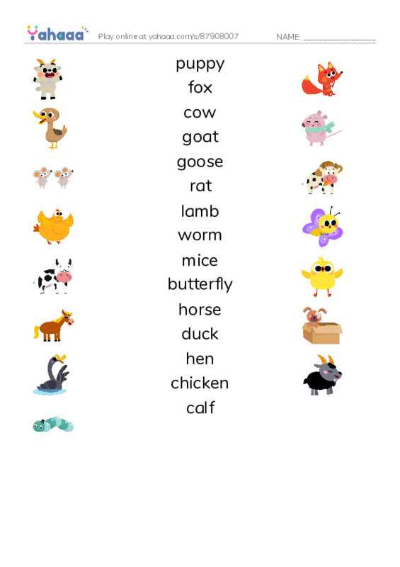 Farm animals PDF three columns match words
