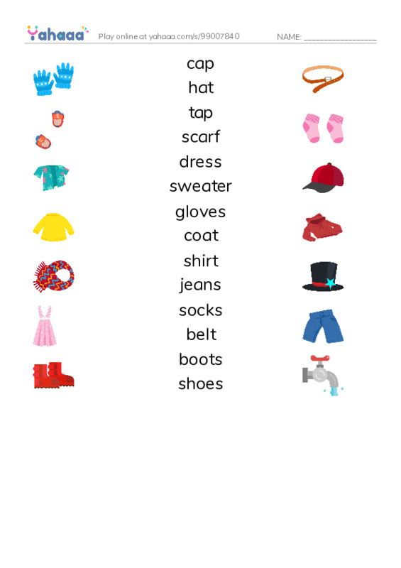 Clothes PDF three columns match words