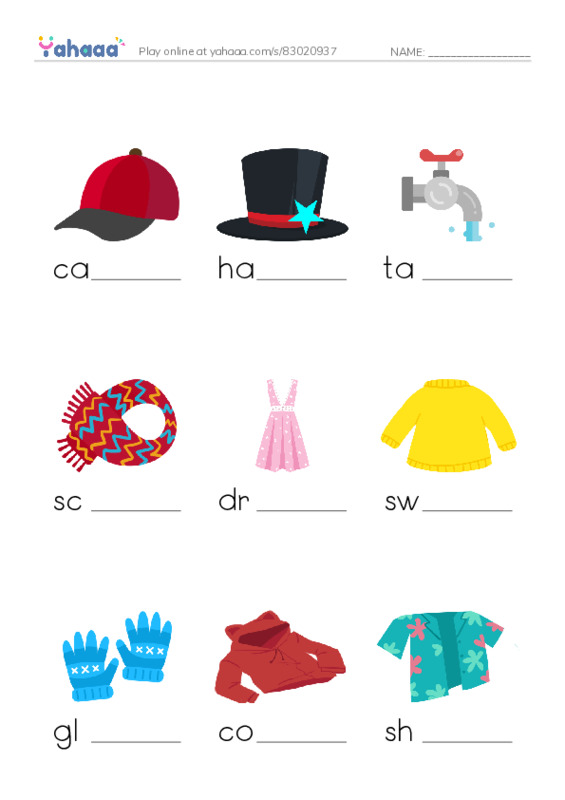 Clothes PDF worksheet to fill in words gaps
