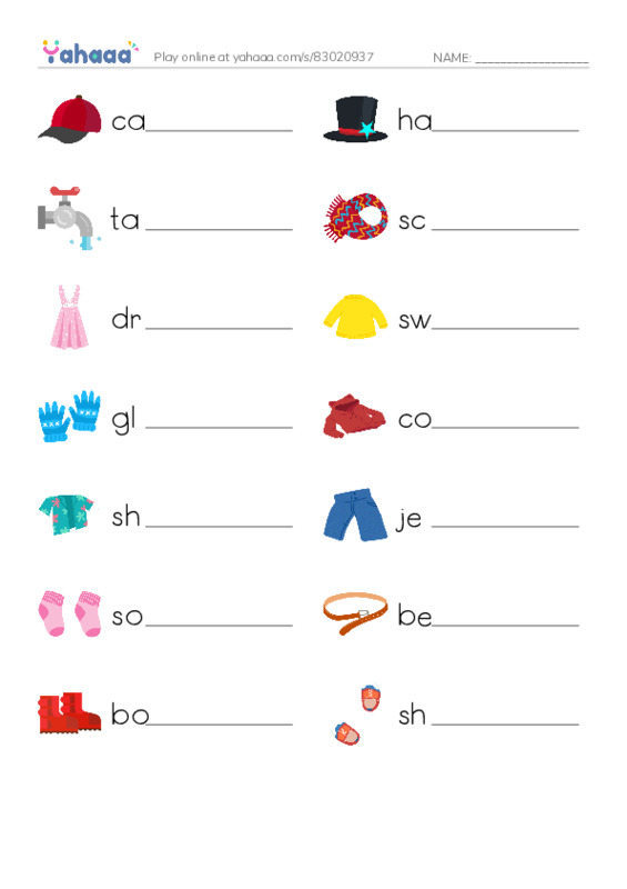 Clothes PDF worksheet writing row