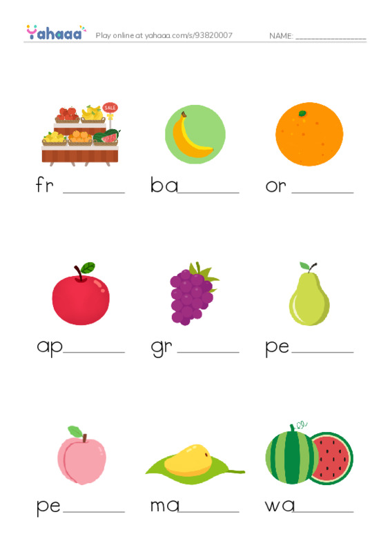 Fruits PDF worksheet to fill in words gaps