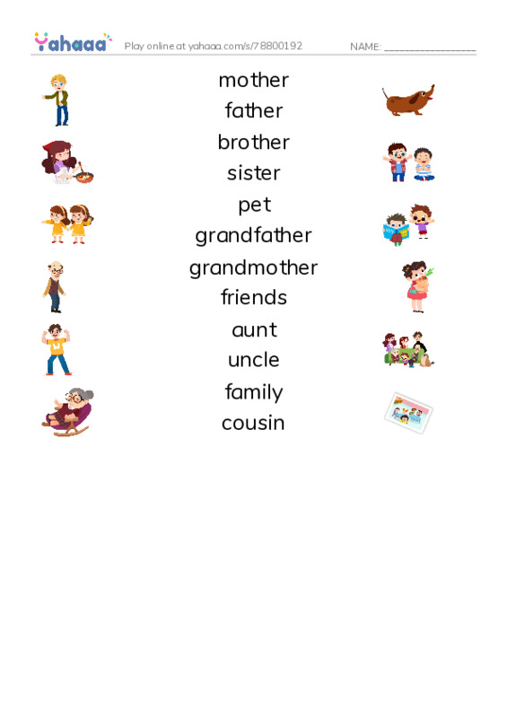 Family and friends PDF three columns match words