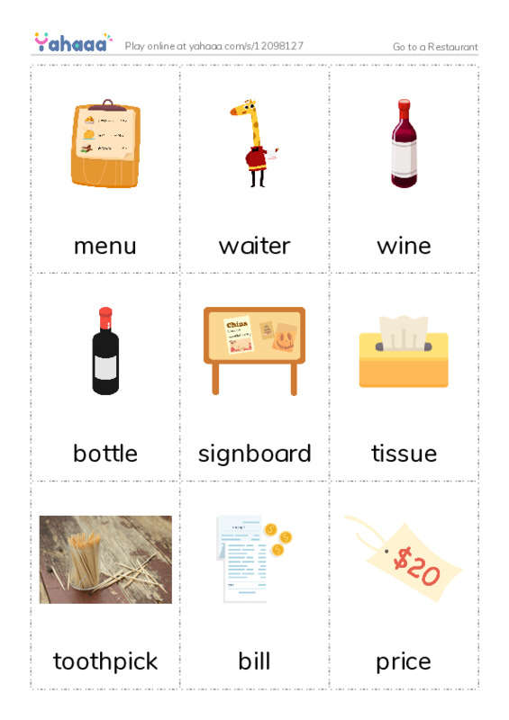 Restaurant vocabulary PDF flaschards with images