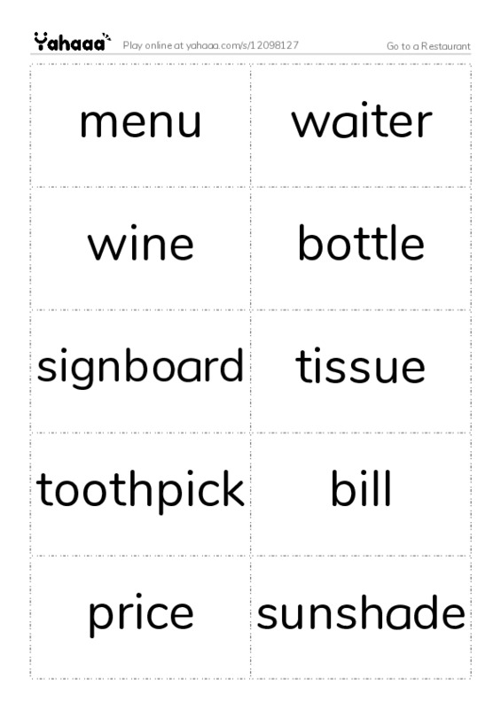 Restaurant vocabulary PDF two columns flashcards