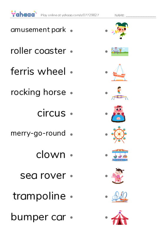 Amusement Park PDF link match words worksheet
