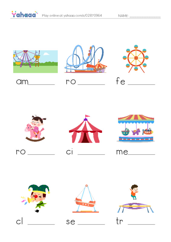 Amusement Park PDF worksheet to fill in words gaps