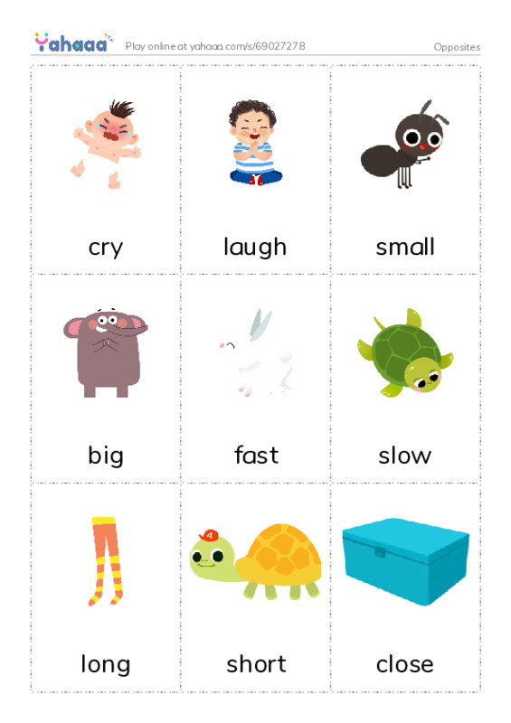 Opposites vocabulary PDF flaschards with images