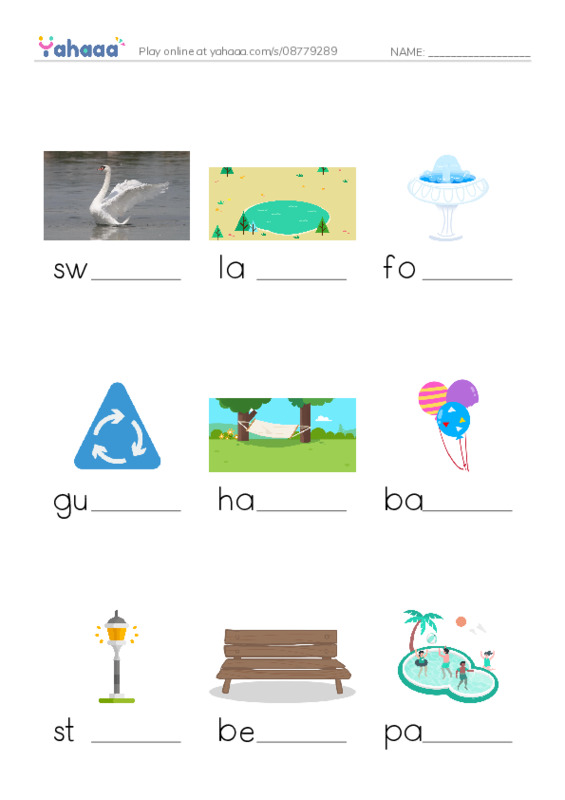Things in the park PDF worksheet to fill in words gaps