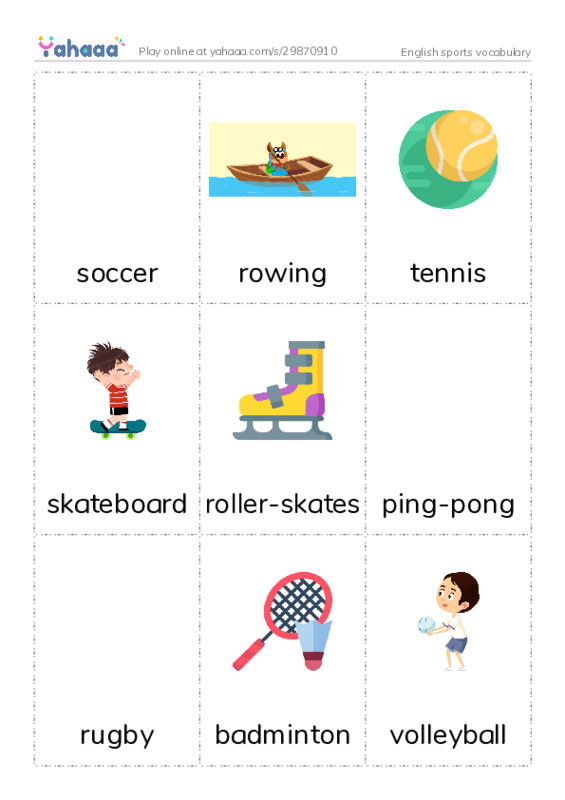 English sports vocabulary PDF flaschards with images