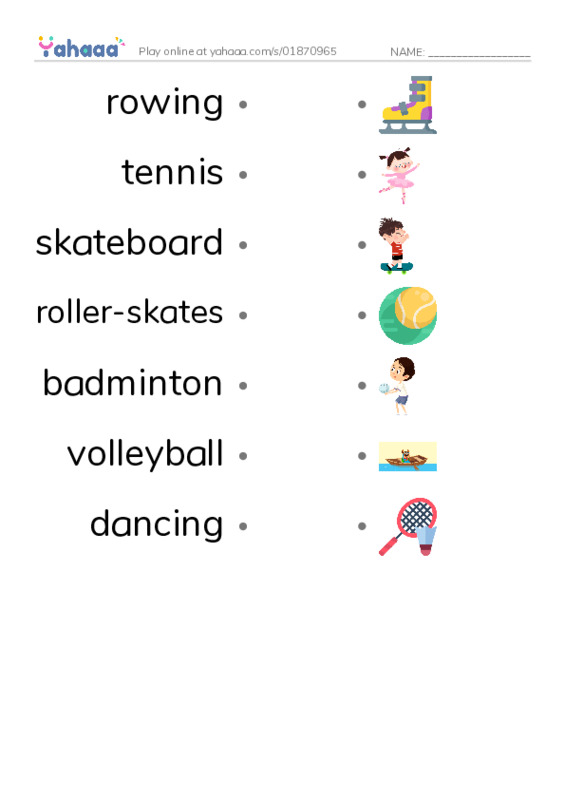 English sports vocabulary PDF link match words worksheet