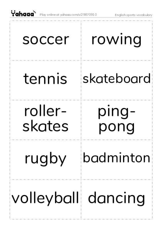 English sports vocabulary PDF two columns flashcards
