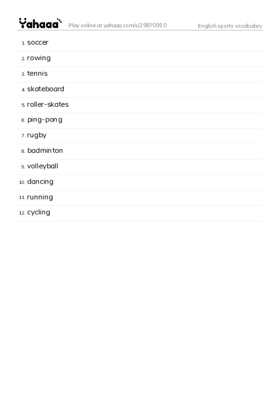 English sports vocabulary PDF words glossary