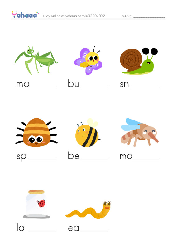 Worm and Insects PDF worksheet to fill in words gaps