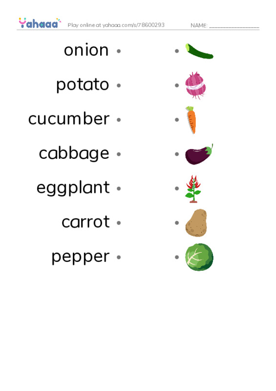 Types of Vegetables PDF link match words worksheet
