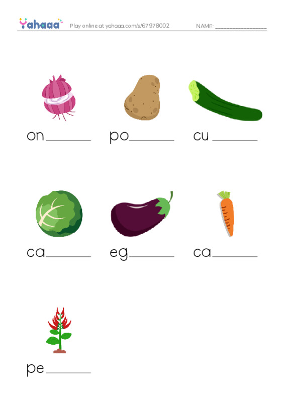 Types of Vegetables PDF worksheet to fill in words gaps