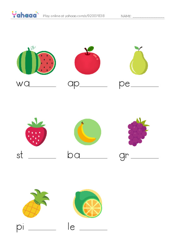 Fruits 2 PDF worksheet to fill in words gaps
