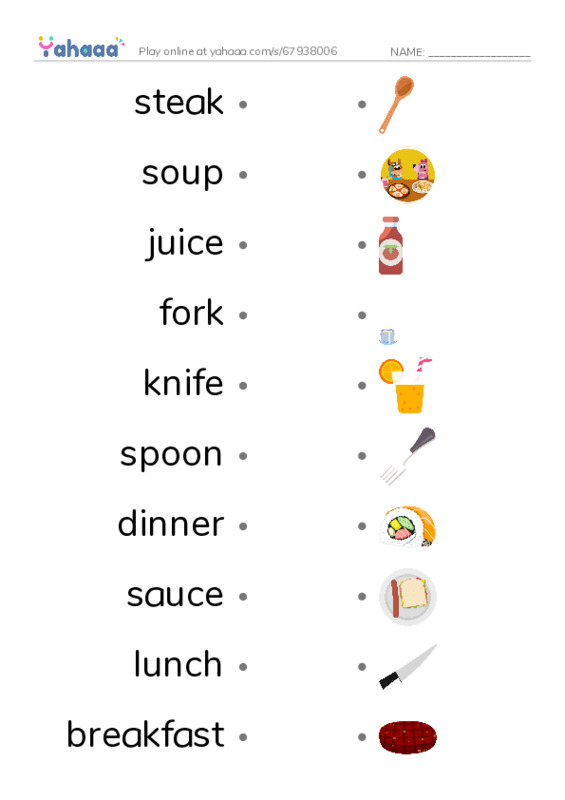 Having a Meal PDF link match words worksheet