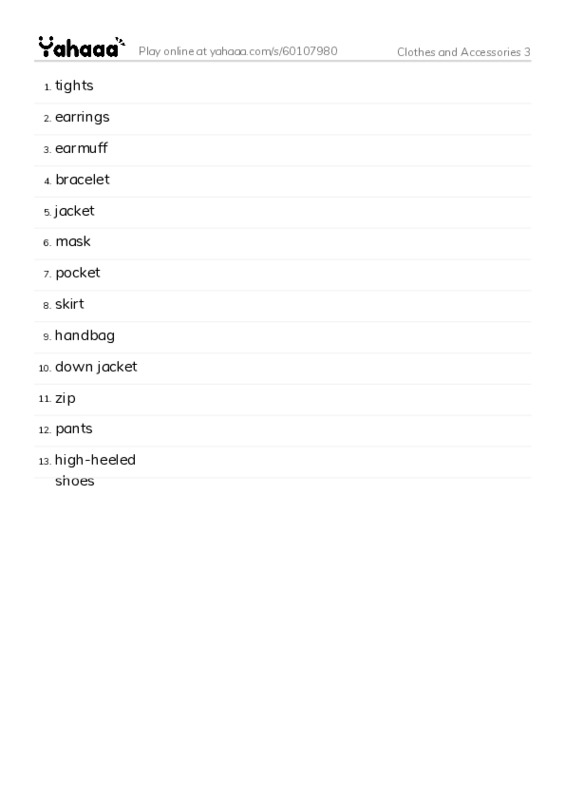 Clothes and Accessories 3 PDF words glossary