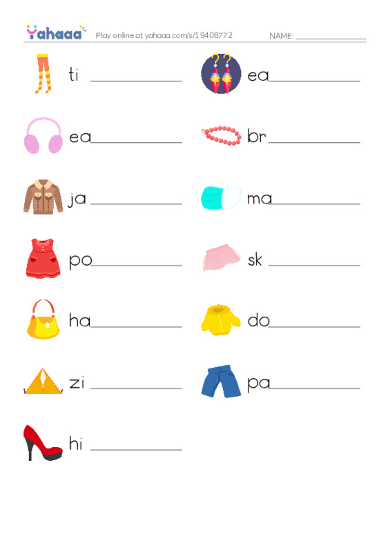 Clothes and Accessories 3 PDF worksheet writing row