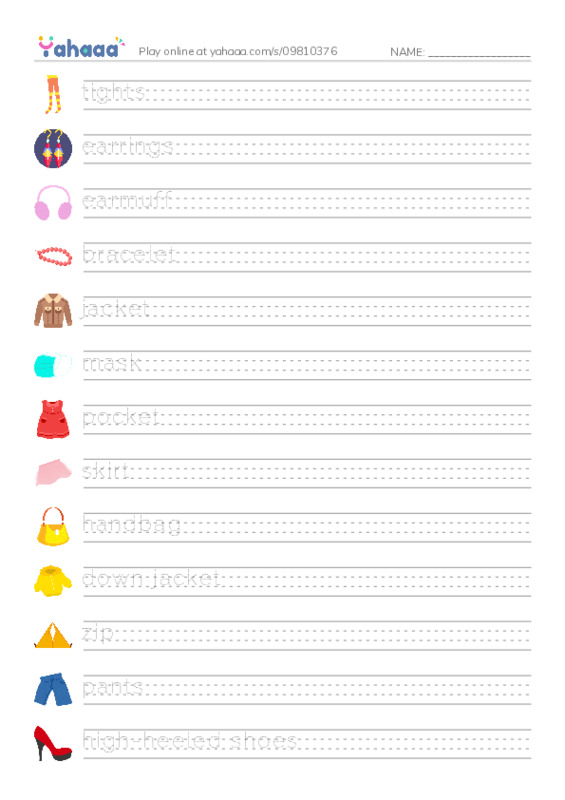 Clothes and Accessories 3 PDF write between the lines worksheet