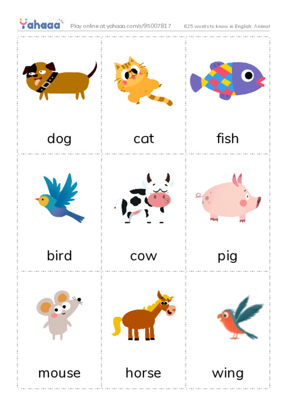625 words to know in English: Animal PDF flaschards with images