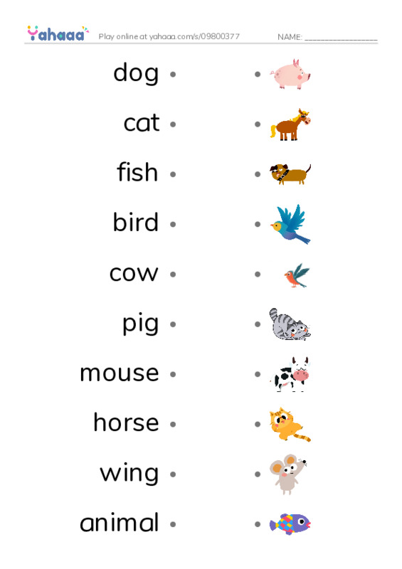 625 words to know in English: Animal PDF link match words worksheet
