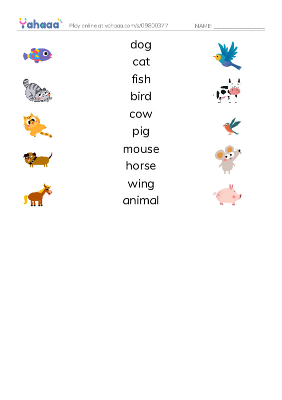 625 words to know in English: Animal PDF three columns match words