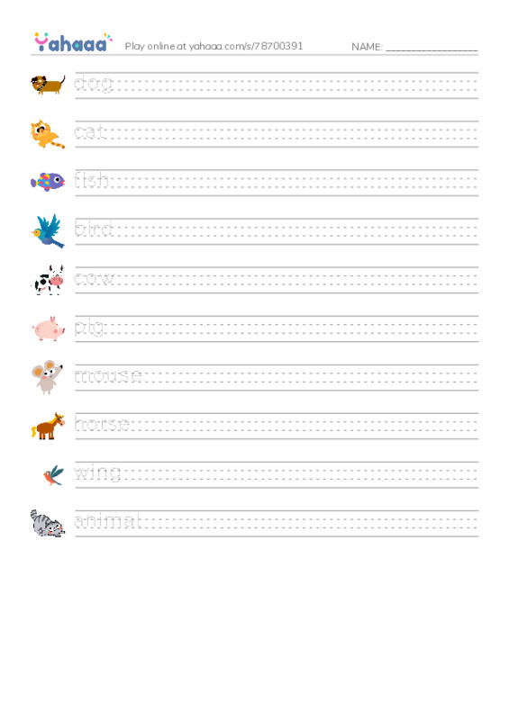 625 words to know in English: Animal PDF write between the lines worksheet