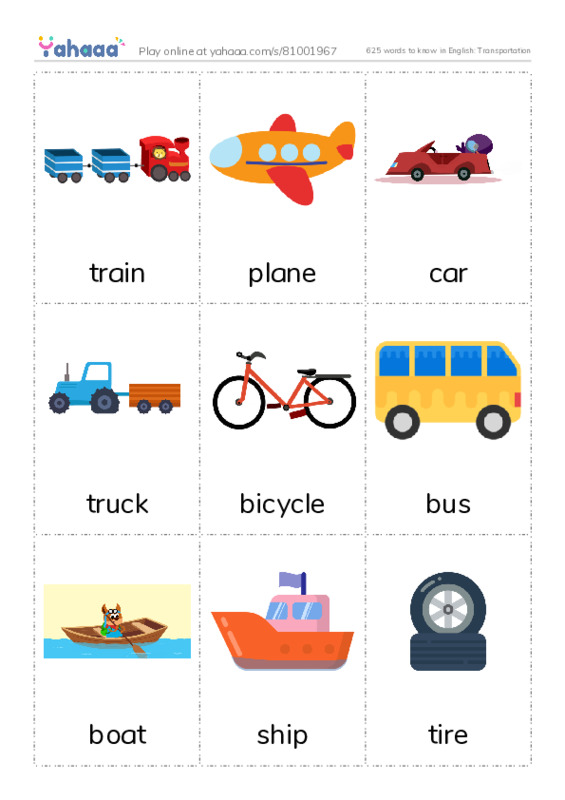 625 words to know in English: Transportation PDF flaschards with images
