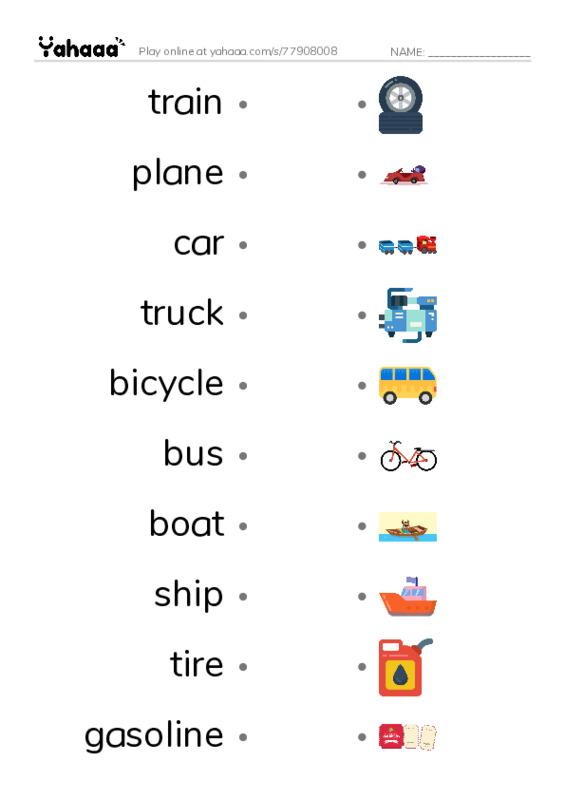 625 words to know in English: Transportation PDF link match words worksheet