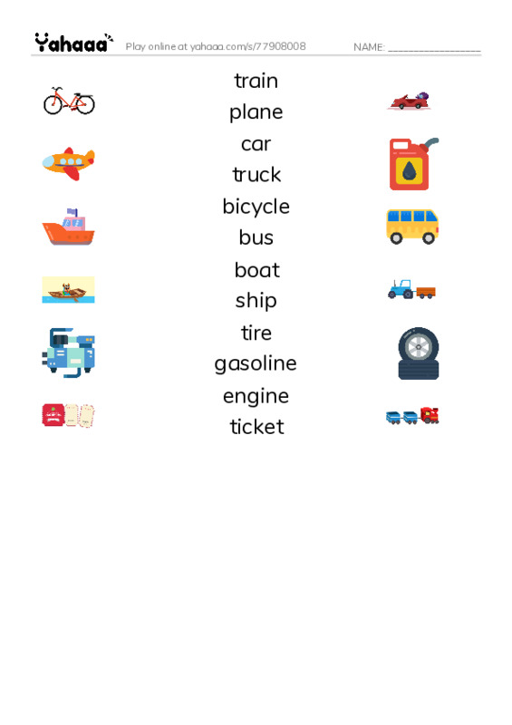 625 words to know in English: Transportation PDF three columns match words