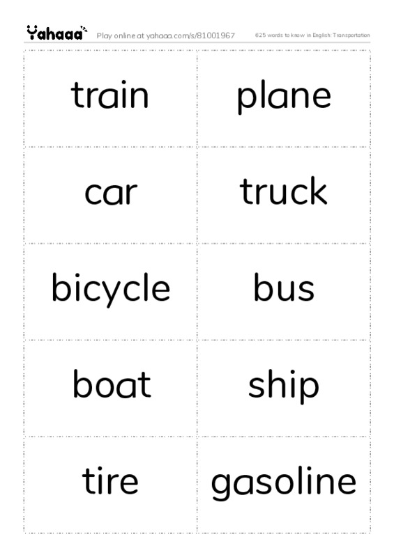 625 words to know in English: Transportation PDF two columns flashcards