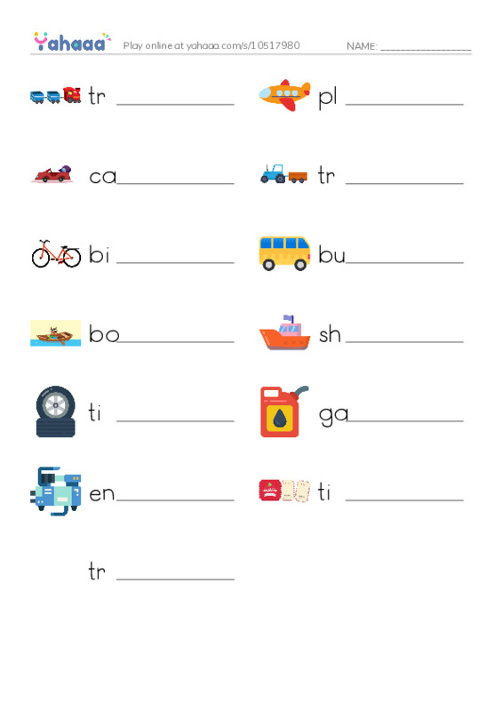 625 words to know in English: Transportation PDF worksheet writing row