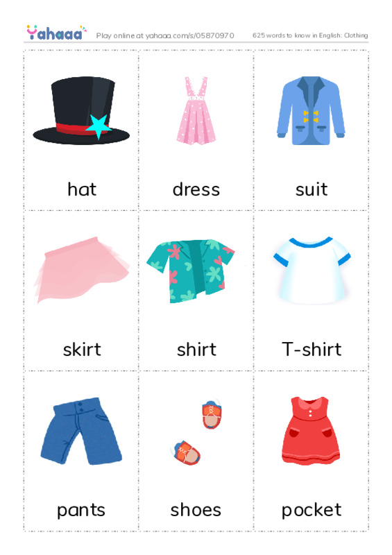 625 words to know in English: Clothing PDF flaschards with images