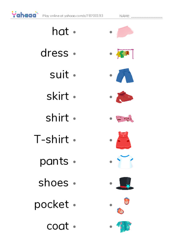 625 words to know in English: Clothing PDF link match words worksheet