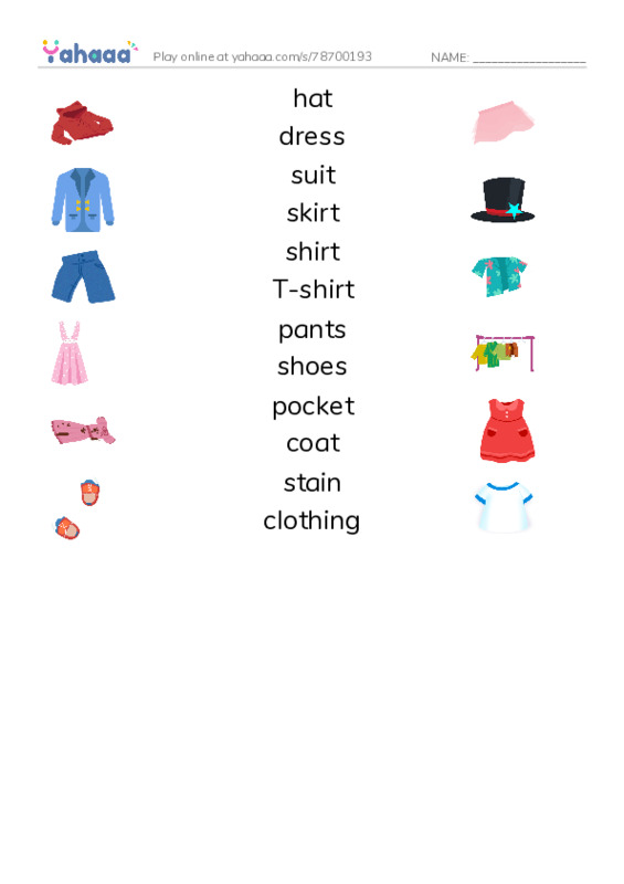 625 words to know in English: Clothing PDF three columns match words
