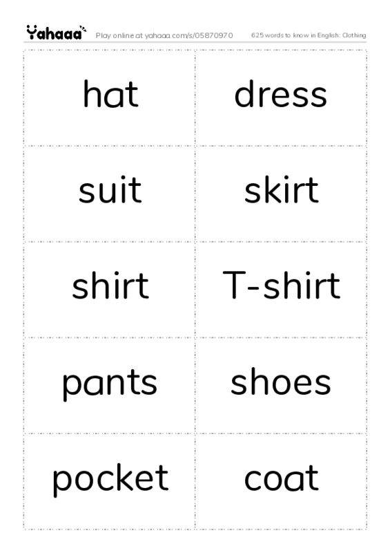 625 words to know in English: Clothing PDF two columns flashcards