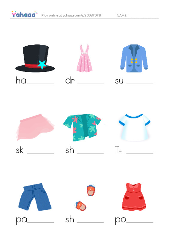 625 words to know in English: Clothing PDF worksheet to fill in words gaps