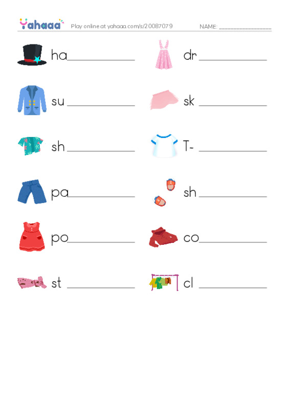 625 words to know in English: Clothing PDF worksheet writing row