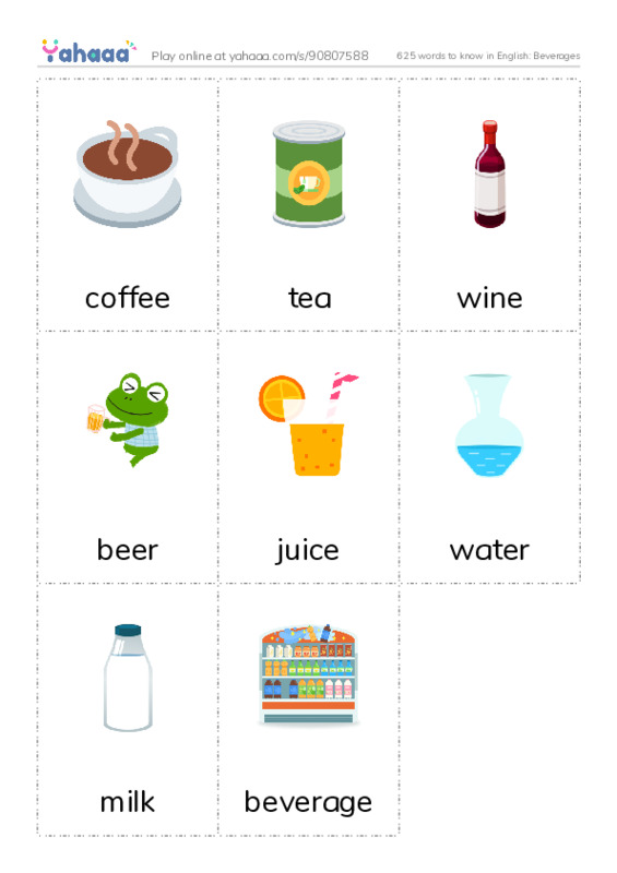 625 words to know in English: Beverages PDF flaschards with images