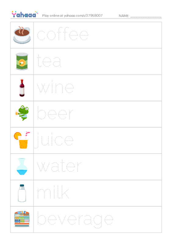 625 words to know in English: Beverages PDF one column image words