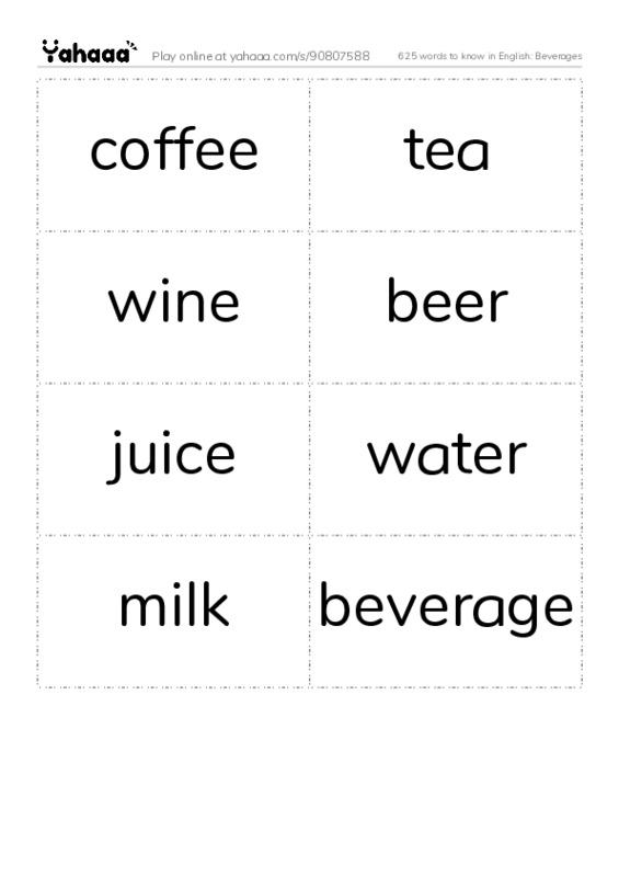 625 words to know in English: Beverages PDF two columns flashcards