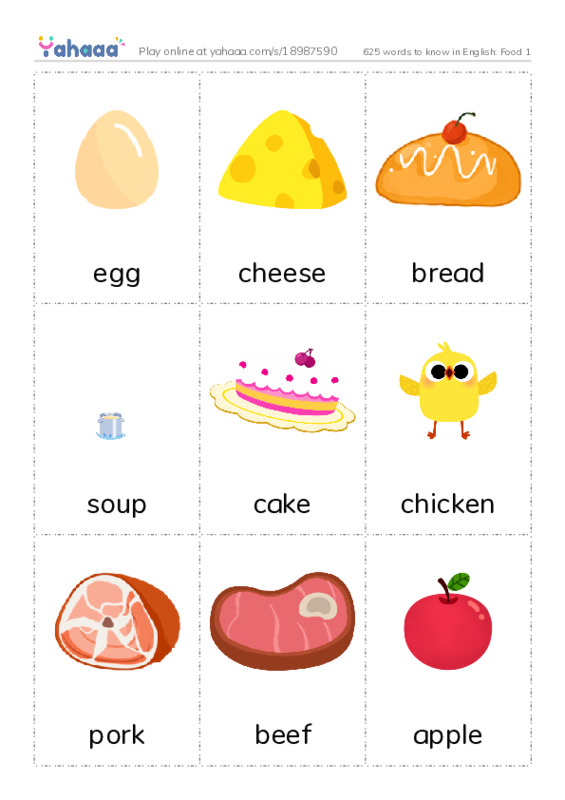625 words to know in English: Food 1 PDF flaschards with images