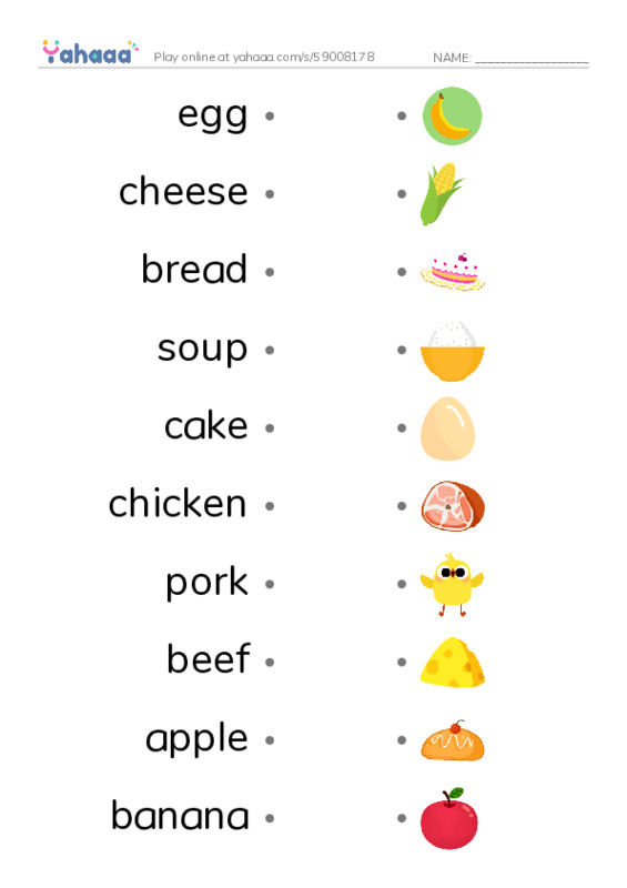 625 words to know in English: Food 1 PDF link match words worksheet