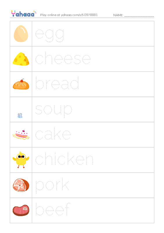 625 words to know in English: Food 1 PDF one column image words