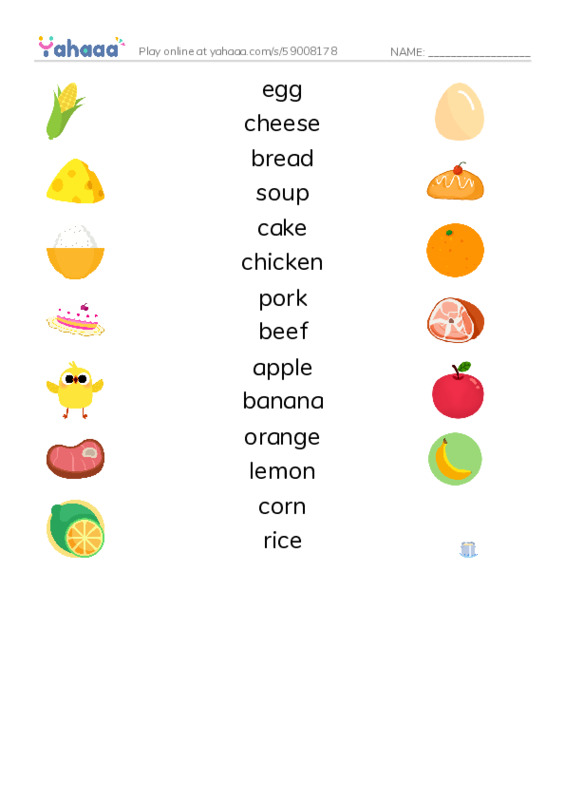 625 words to know in English: Food 1 PDF three columns match words