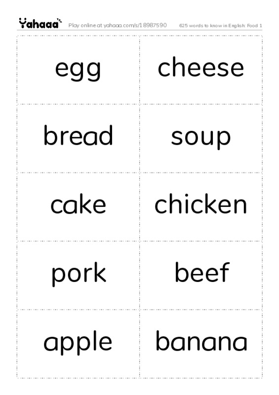 625 words to know in English: Food 1 PDF two columns flashcards