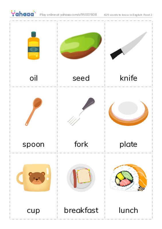 625 words to know in English: Food 2 PDF flaschards with images