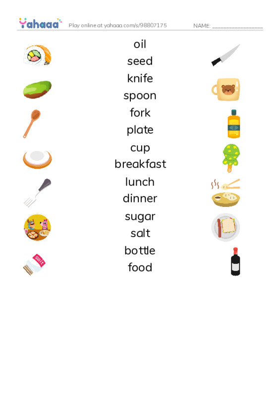 625 words to know in English: Food 2 PDF three columns match words
