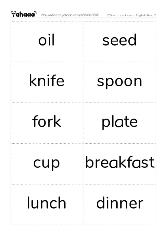 625 words to know in English: Food 2 PDF two columns flashcards
